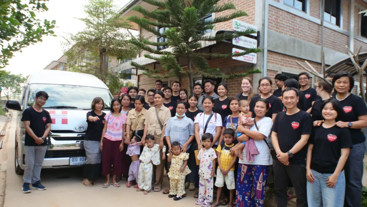 HFA-BCMF staff with patients and their families outside the office in Mae Sot, before travelling to hospital in one of our patient vans.